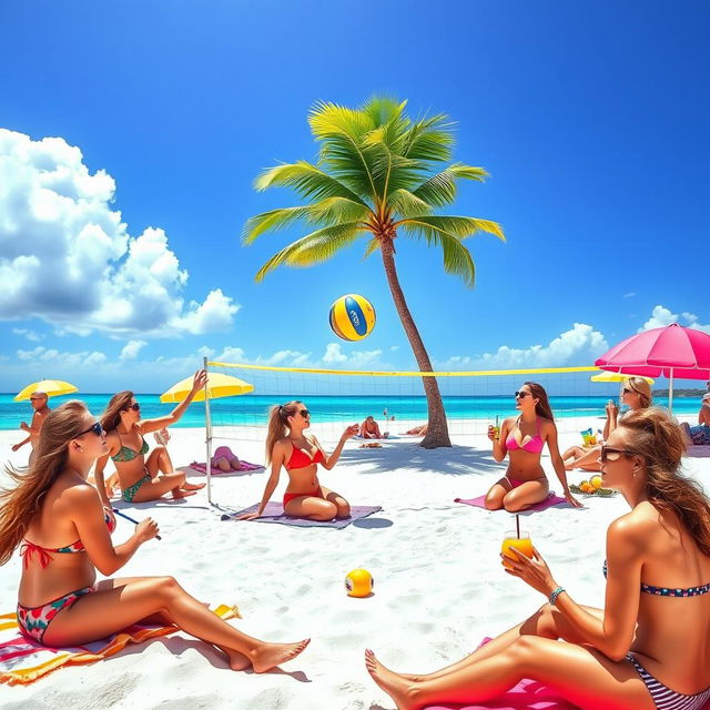 A stunning beach scene featuring a group of attractive adults in colorful bikinis enjoying the sun