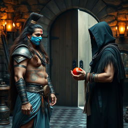 A high-resolution wide shot featuring an Indian warrior, a muscular man with curves, long flowing brown hair, and a clear, sharp face with striking eyes and fair skin