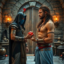 A high-resolution wide shot featuring an Indian warrior, a muscular man with curves, long flowing brown hair, and a clear, sharp face with striking eyes and fair skin