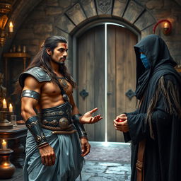 A high-resolution wide shot featuring an Indian warrior, a muscular man with curves, long flowing brown hair, and a clear, sharp face with striking eyes and fair skin