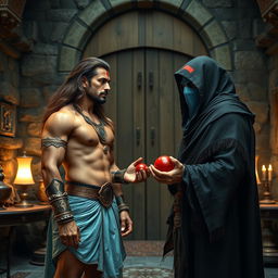 A high-resolution wide shot featuring an Indian warrior, a muscular man with curves, long flowing brown hair, and a clear, sharp face with striking eyes and fair skin