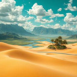 A surreal and imaginative landscape depicting a world without oceans, where vast deserts stretch across the earth, interconnected by winding rivers and lush green hills
