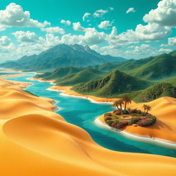 A surreal and imaginative landscape depicting a world without oceans, where vast deserts stretch across the earth, interconnected by winding rivers and lush green hills