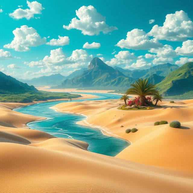 A surreal and imaginative landscape depicting a world without oceans, where vast deserts stretch across the earth, interconnected by winding rivers and lush green hills