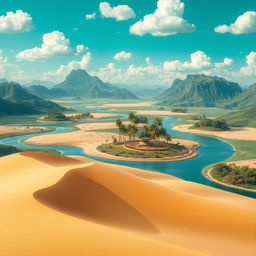 A surreal and imaginative landscape depicting a world without oceans, where vast deserts stretch across the earth, interconnected by winding rivers and lush green hills