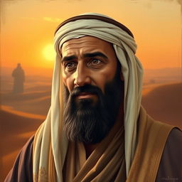 A historical portrait of Abu Bakr as-Siddiq, the first caliph of Islam, depicted wearing traditional Arab attire