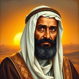 A historical portrait of Abu Bakr as-Siddiq, the first caliph of Islam, depicted wearing traditional Arab attire