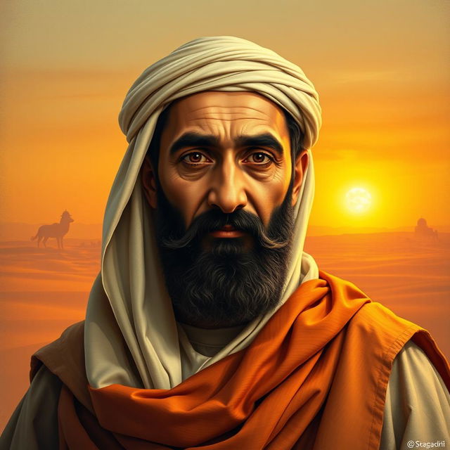 A historical portrait of Abu Bakr as-Siddiq, the first caliph of Islam, depicted wearing traditional Arab attire