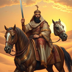 A detailed and serene depiction of Ali ibn Abi Talib, the cousin and son-in-law of Prophet Muhammad, depicted as a wise and noble warrior