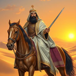 A detailed and serene depiction of Ali ibn Abi Talib, the cousin and son-in-law of Prophet Muhammad, depicted as a wise and noble warrior