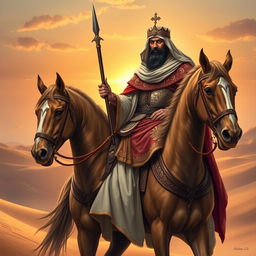 A detailed and serene depiction of Ali ibn Abi Talib, the cousin and son-in-law of Prophet Muhammad, depicted as a wise and noble warrior