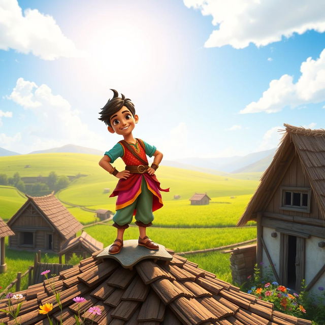 A young hero named Balveer, confidently standing on the roof of a traditional village house, surrounded by lush green fields and a bright blue sky