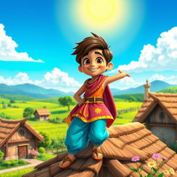 A young hero named Balveer, confidently standing on the roof of a traditional village house, surrounded by lush green fields and a bright blue sky