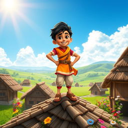 A young hero named Balveer, confidently standing on the roof of a traditional village house, surrounded by lush green fields and a bright blue sky