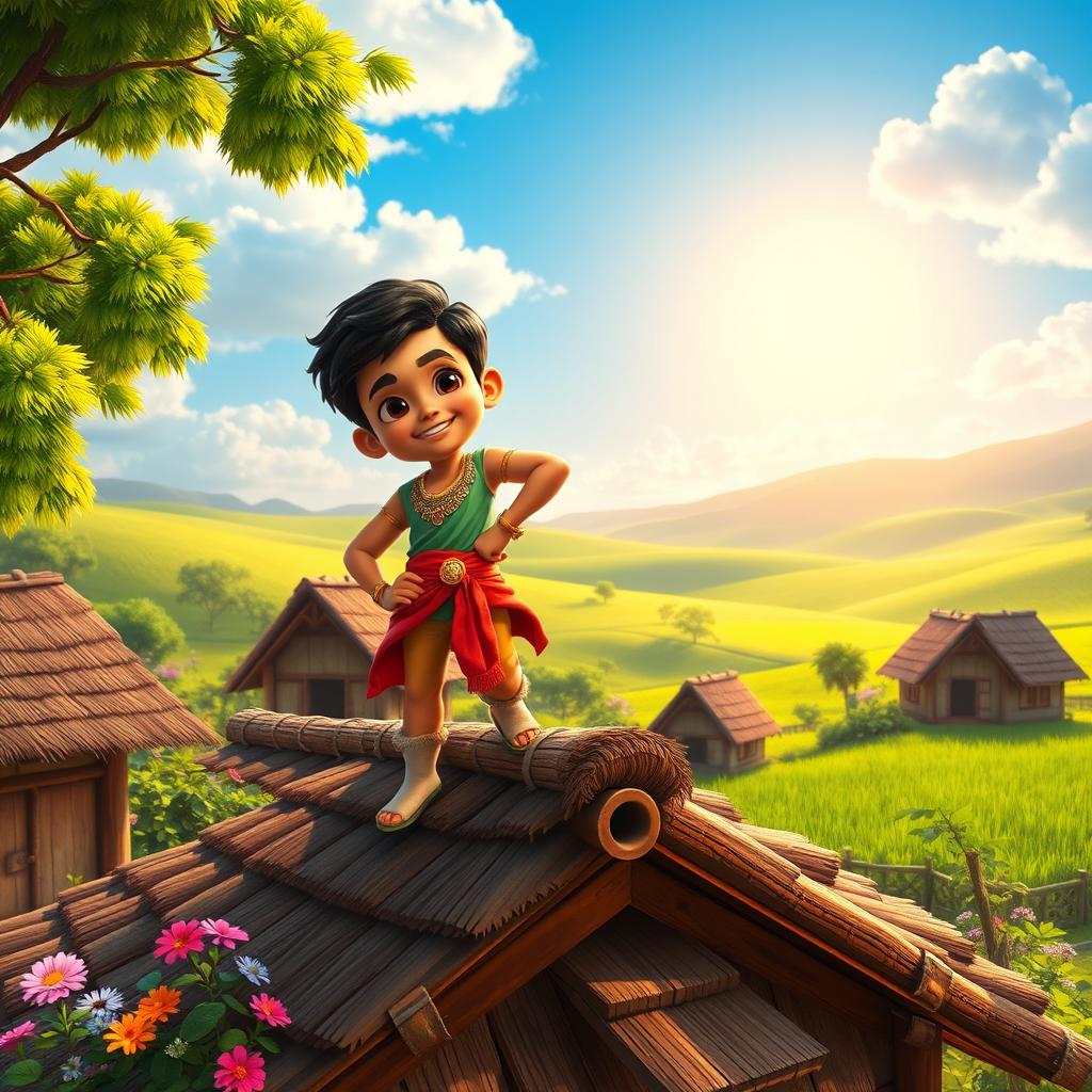 A young hero named Balveer, confidently standing on the roof of a traditional village house, surrounded by lush green fields and a bright blue sky