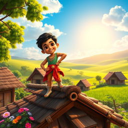 A young hero named Balveer, confidently standing on the roof of a traditional village house, surrounded by lush green fields and a bright blue sky