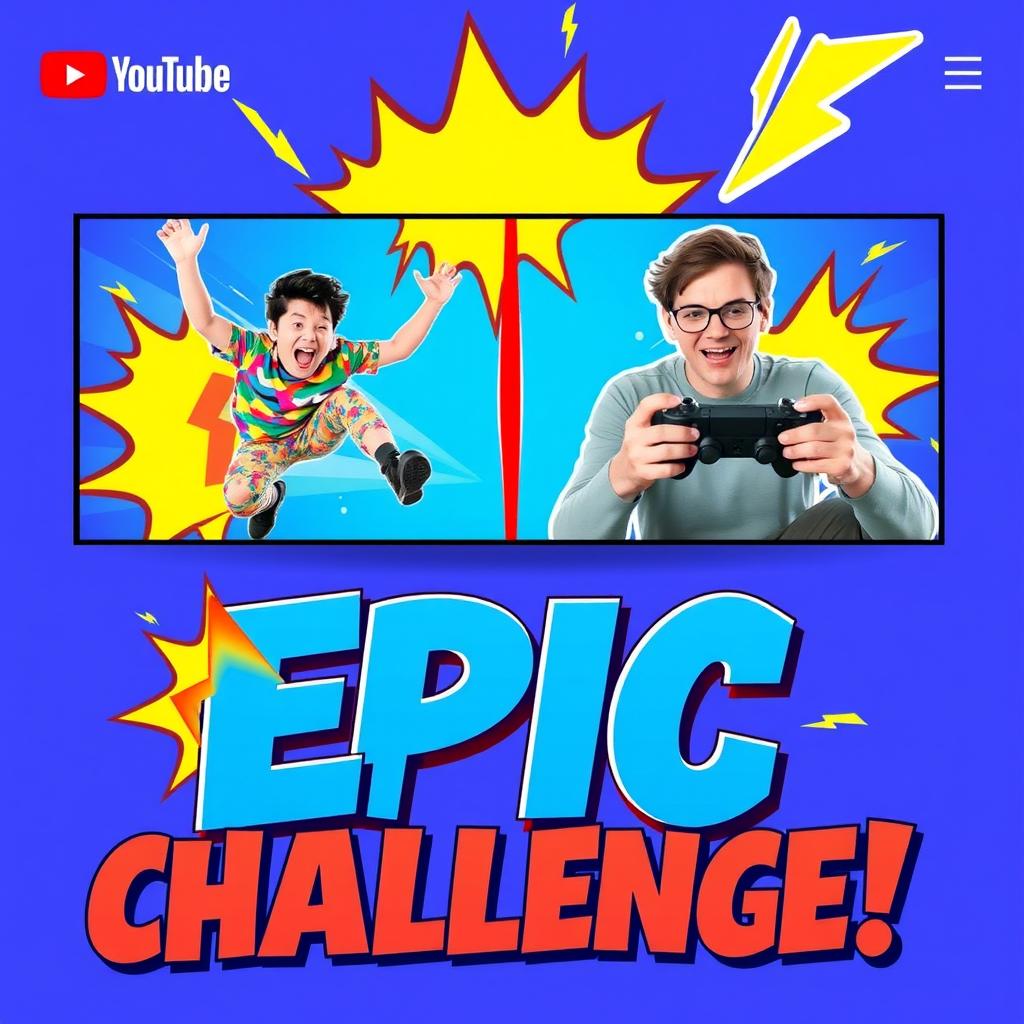 A vibrant and eye-catching YouTube thumbnail featuring a dynamic split-screen design, showcasing an exciting challenge between two enthusiastic participants