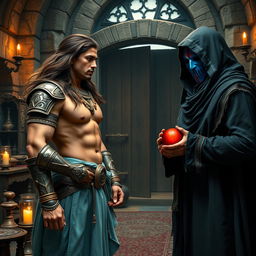A high-resolution wide shot depicting an Indian warrior, a muscular man with curves, long flowing brown hair, and a clear sharp face and eyes