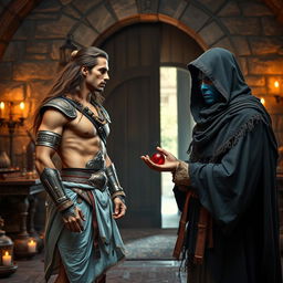 A high-resolution wide shot depicting an Indian warrior, a muscular man with curves, long flowing brown hair, and a clear sharp face and eyes