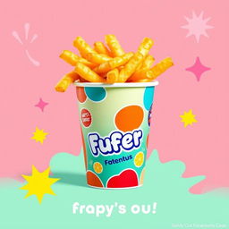 A promotional design featuring a vibrant, eye-catching image of a cup creatively topped with crispy fried potatoes