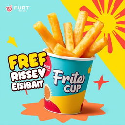 A promotional design featuring a vibrant, eye-catching image of a cup creatively topped with crispy fried potatoes