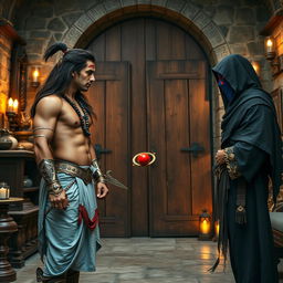 A high-resolution wide shot framed with the legs up, featuring an Indian warrior, a muscular man with curves, long flowing brown hair, and a clear sharp face and eyes
