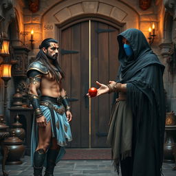 A high-resolution wide shot framed with the legs up, featuring an Indian warrior, a muscular man with curves, long flowing brown hair, and a clear sharp face and eyes