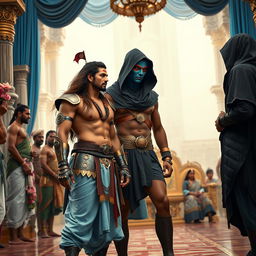 A high-resolution wide shot framed with legs up, featuring an Indian warrior, a muscular man with curves, long flowing brown hair, and a clear sharp face and eyes