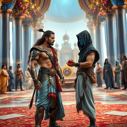 A high-resolution wide shot framed with legs up, featuring an Indian warrior, a muscular man with curves, long flowing brown hair, and a clear sharp face and eyes