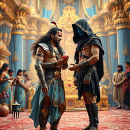 A high-resolution wide shot framed with legs up, featuring an Indian warrior, a muscular man with curves, long flowing brown hair, and a clear sharp face and eyes