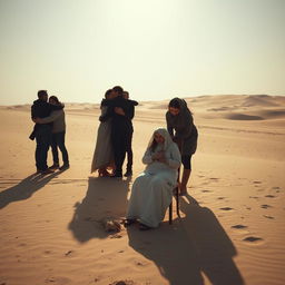 In a desolate, lifeless desert, a group of people is embracing each other, sharing a moment of warmth amidst the bleak surroundings