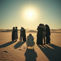 In a desolate, lifeless desert, a group of people is embracing each other, sharing a moment of warmth amidst the bleak surroundings