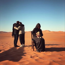In a desolate, lifeless desert, a group of people is embracing each other, sharing a moment of warmth amidst the bleak surroundings