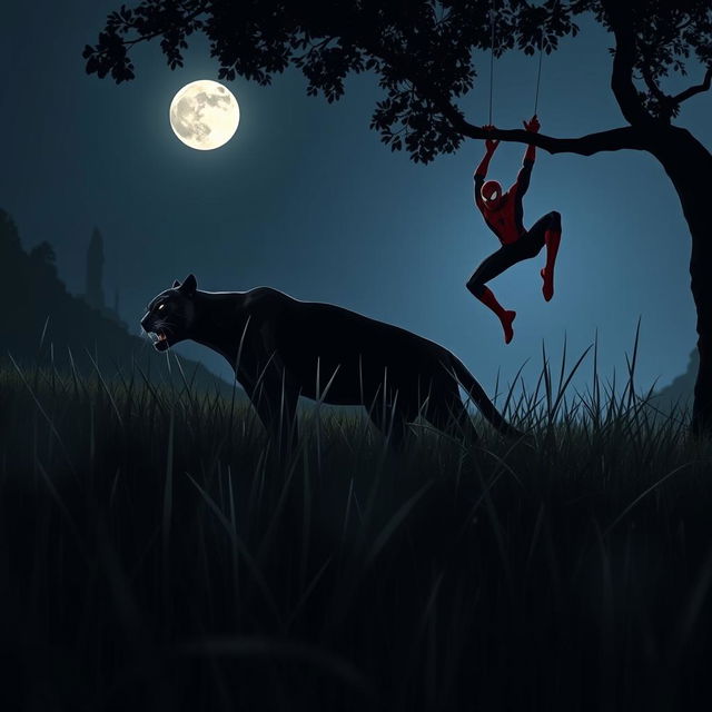 A sleek black panther stealthily stalking through tall grass under the moonlit night, showcasing its graceful, powerful physique