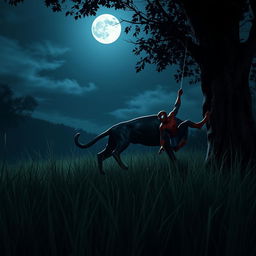 A sleek black panther stealthily stalking through tall grass under the moonlit night, showcasing its graceful, powerful physique