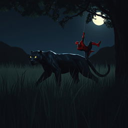 A sleek black panther stealthily stalking through tall grass under the moonlit night, showcasing its graceful, powerful physique