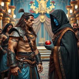 A wide shot of an Indian warrior, a muscular man with well-defined curves, long flowing brown hair, and a clear sharp face with piercing eyes