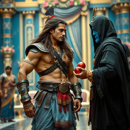 A wide shot of an Indian warrior, a muscular man with well-defined curves, long flowing brown hair, and a clear sharp face with piercing eyes
