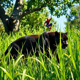 A sleek black panther stealthily stalking through tall green grass under the bright daylight, its powerful form gracefully hidden among the blades