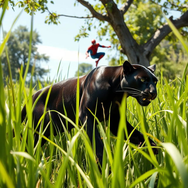 A sleek black panther stealthily stalking through tall green grass under the bright daylight, its powerful form gracefully hidden among the blades