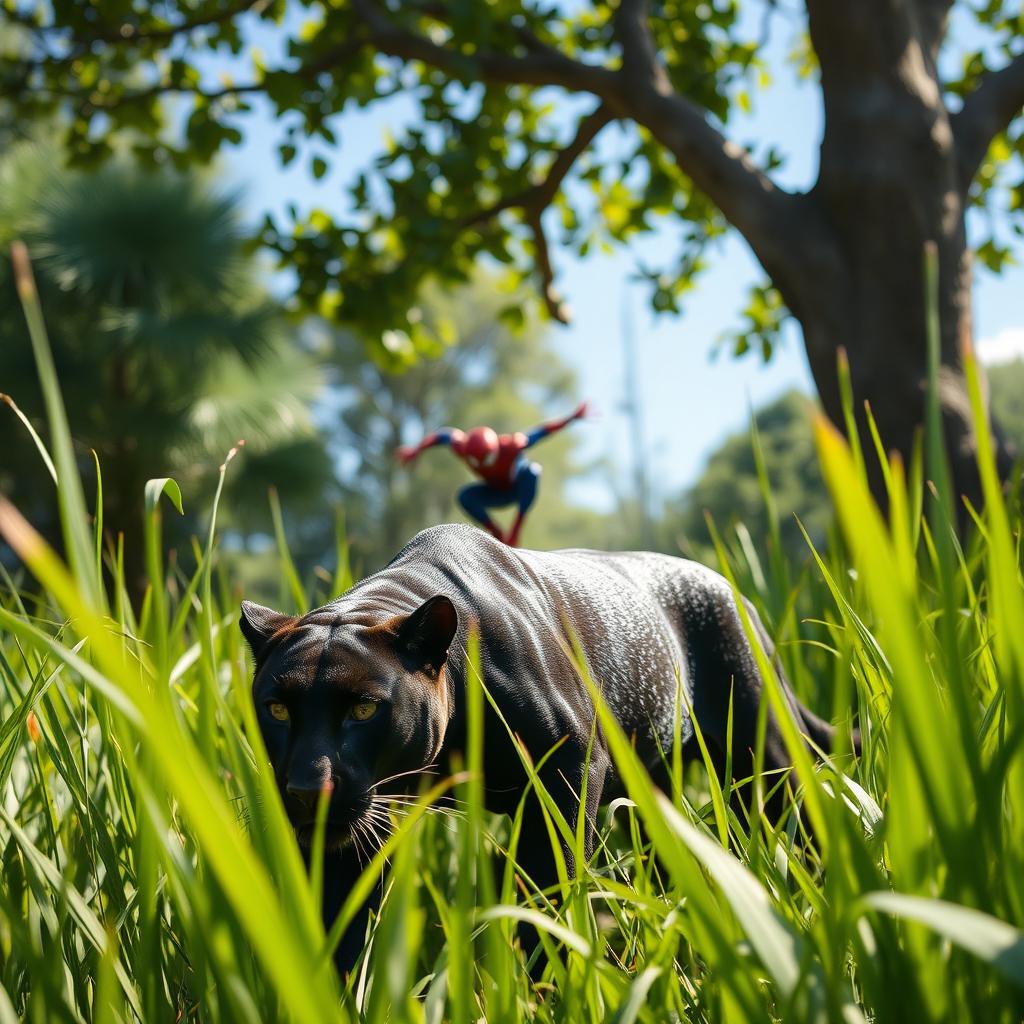 A sleek black panther stealthily stalking through tall green grass under the bright daylight, its powerful form gracefully hidden among the blades