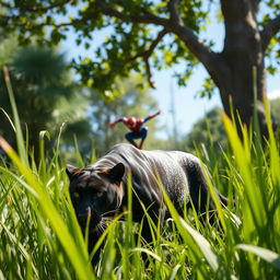 A sleek black panther stealthily stalking through tall green grass under the bright daylight, its powerful form gracefully hidden among the blades