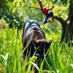 A sleek black panther stealthily stalking through tall green grass under the bright daylight, its powerful form gracefully hidden among the blades