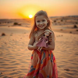 A girl in a desert, holding her doll tightly in her arms