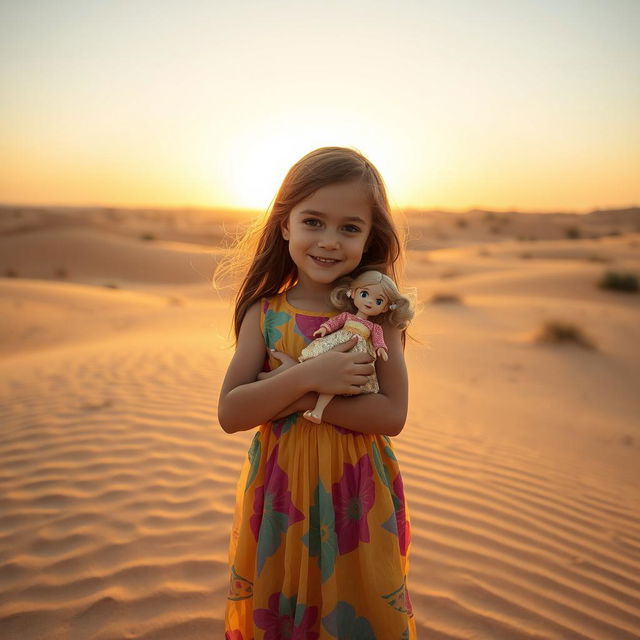 A girl in a desert, holding her doll tightly in her arms