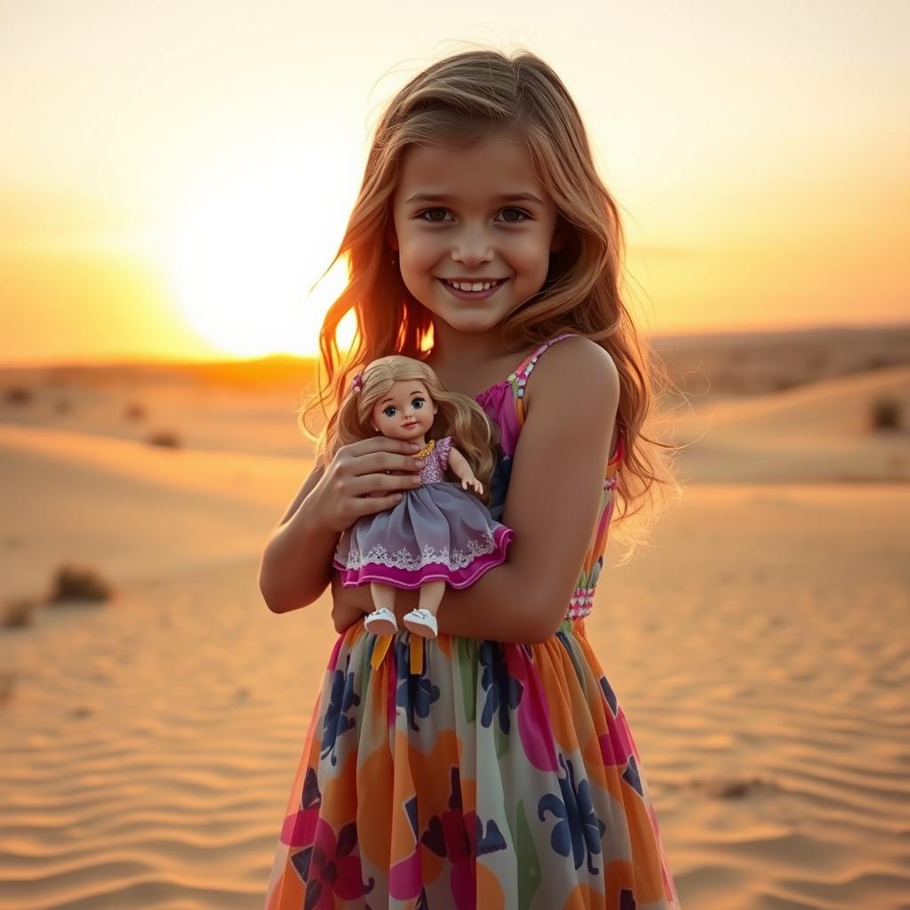 A girl in a desert, holding her doll tightly in her arms