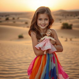 A girl in a desert, holding her doll tightly in her arms
