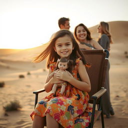 A girl sitting on a chair in the desert, holding her doll tightly in her arms