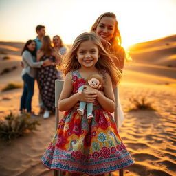 A girl sitting on a chair in the desert, holding her doll tightly in her arms