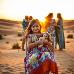A girl sitting on a chair in the desert, holding her doll tightly in her arms
